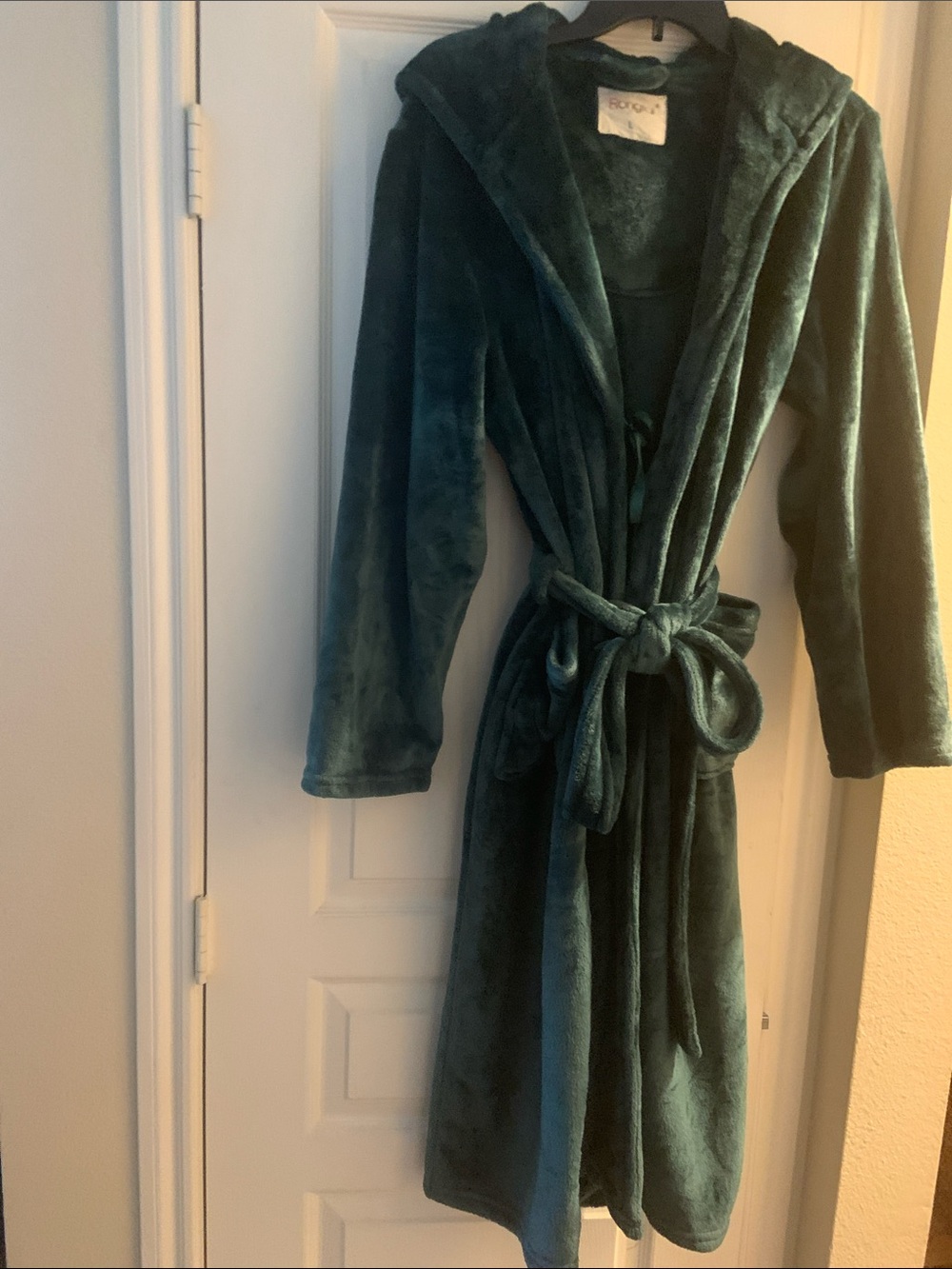 Rongtai Velour Plush Hooded Robe in Teal with Waist Tie Pockets